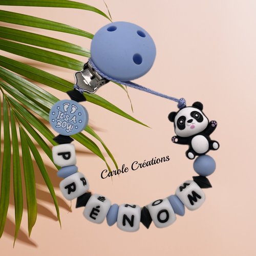Attache tétine personnalisée en silicone, modèle garçon panda 3d avec motif it's a boy