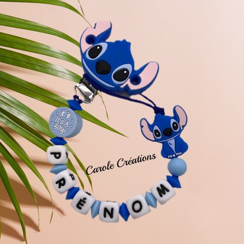 Attache tétine personnalisée en silicone, modèle garçon stitch avec perle motif it's a boy, bleu clair et foncé