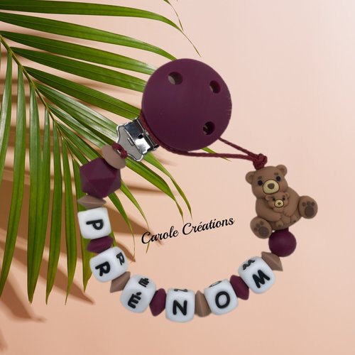 Attache tétine personnalisée en silicone modèle maman ours et son bébé, marron noisette et rouge vin bordeaux