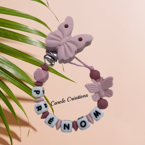 Attache tétine personnalisée en silicone, modèle fille papillon, rose clair et rose blush