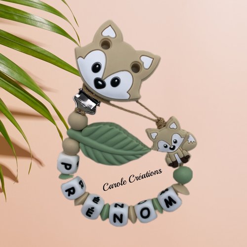 Attache tétine personnalisée en silicone, modèle renard pour garçon ou fille, coloris beige clair et vert kaki sauge