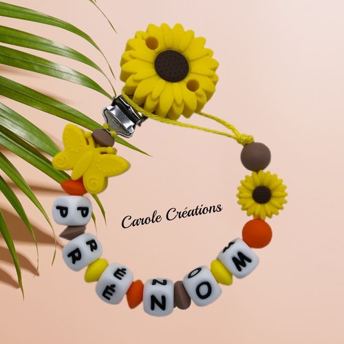 Attache tétine personnalisée en silicone modèle tournesol coloris jaune marron noisette orange