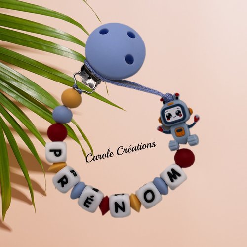 Attache tétine personnalisée en silicone, modèle robot 3d, coloris bleu ciel jaune orangé rouge