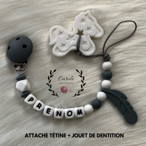 Ensemble attache tétine tutute sucette personnalisé en silicone alimentaire + jouet de dentition, modèle cheval, blanc et gris