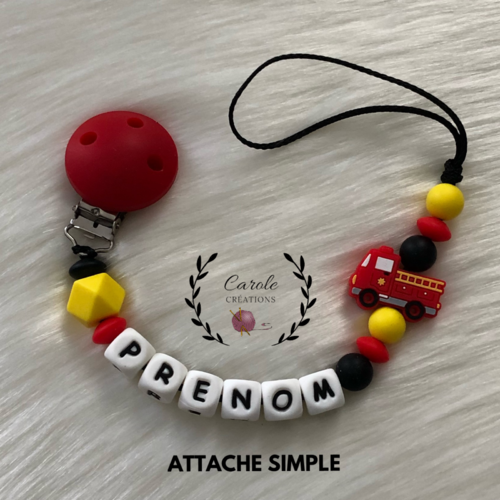 Attache tétine personnalisée en silicone attache doudou personnalisé accroche tutute sucette tétine camion de pompier, rouge jaune noir