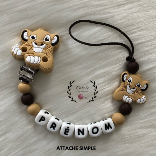 Attache tétine tutute sucette personnalisé en silicone, attache accroche doudou, modèle lion simba, beige et marron foncé
