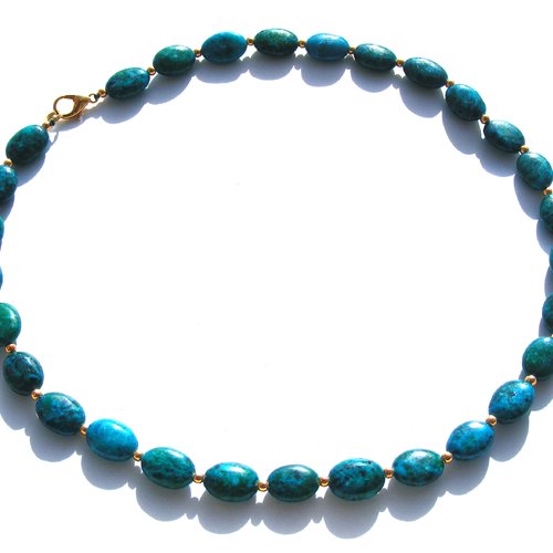 Collier perles ovales pierres azurites chrysocolles bleues et vertes