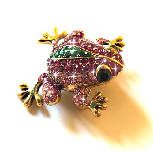 Broche grenouille dorée strass rose, magenta et vert