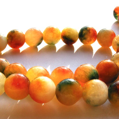 6 perles pierres kunzite verte, orange et blanche, 10 mm