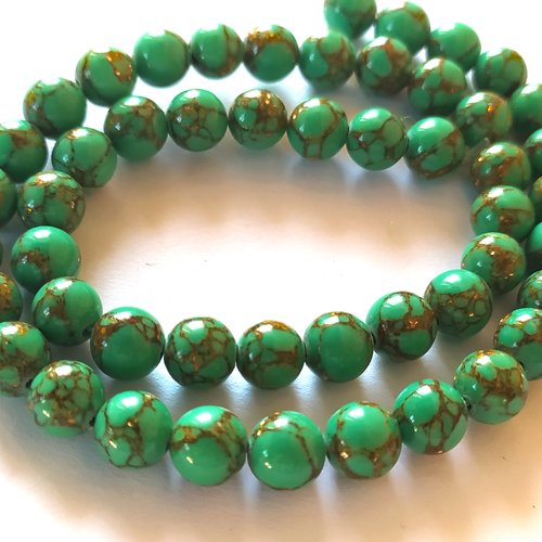 10 perles en verre verte turquoise rayer de dorée