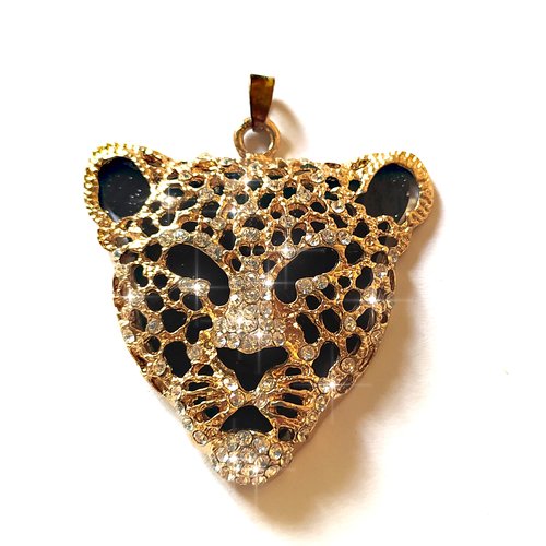 Pendentif tête de léopard dorée, noir et strass blanc
