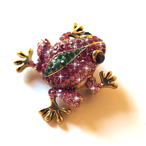 Broche grenouille dorée strass rose, magenta et vert