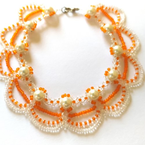 Bracelet de cheville orange et blanc perle de rocaille et perle nacré