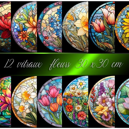 12 vitraux ronds fleurs