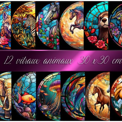 12 vitraux ronds animaux