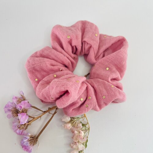 Chouchou, scrunchie en coton attache les cheveux, accessoires poignet double gaze vieux rose