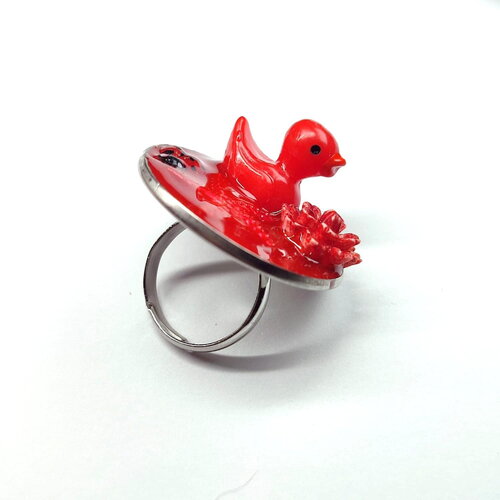 Bague "les biduleries" en résine sur support argenté réglable canard, fleur, coccinelle, étoire de mer rouge