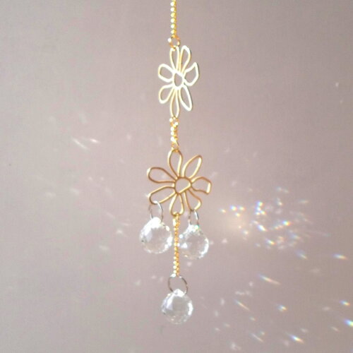 Petit attrape soleil simple fleurs et boules 15 mm, doré et transparent, à suspendre pour illuminer votre maison, feng shui, suncatcher