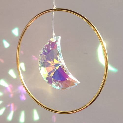 Feng shui attrape soleil suncatcher single circle 10 cm lune cristal aurore boréale doré et transparent, à suspendre carolune