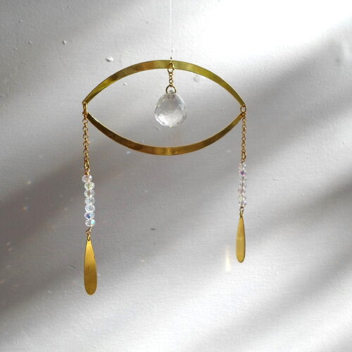 Attrape soleil grand œil laiton et perles cristal boule cristal 30 mm doré et transparent à suspendre pour illuminer votre maison