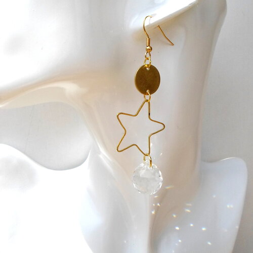 Boucles d oreilles attrape soleil étoiles et breloques en laiton boules cristal 15 mm, bijoux sun catcher unique création carolune