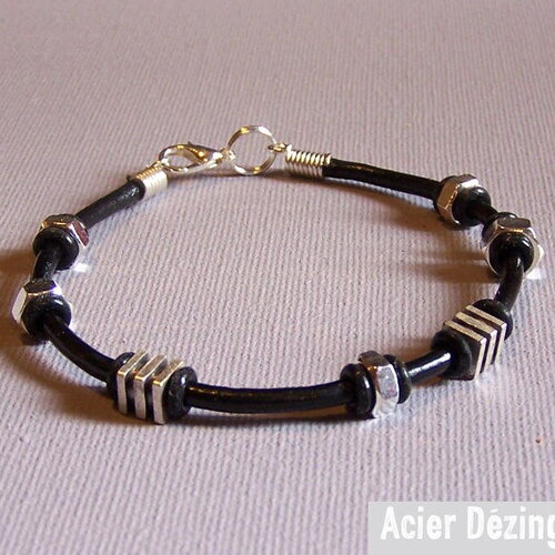 Bracelet fin acier dézingué cuir perles plaqué argent haute qualité bijoux uniques création de bijoux en argent bracelet industriel carolune