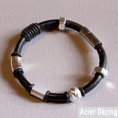 Bracelet boulons et cuir acier dézingué cuir réf : br-cr-003