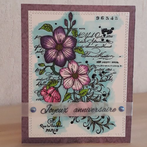 Carte Joyeux Anniversaire Fleurs En Tons Violets Sur Fond Bleu Un Grand Marche