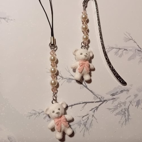 Duo marque-page & bijou de sac "petit ourson blanc"