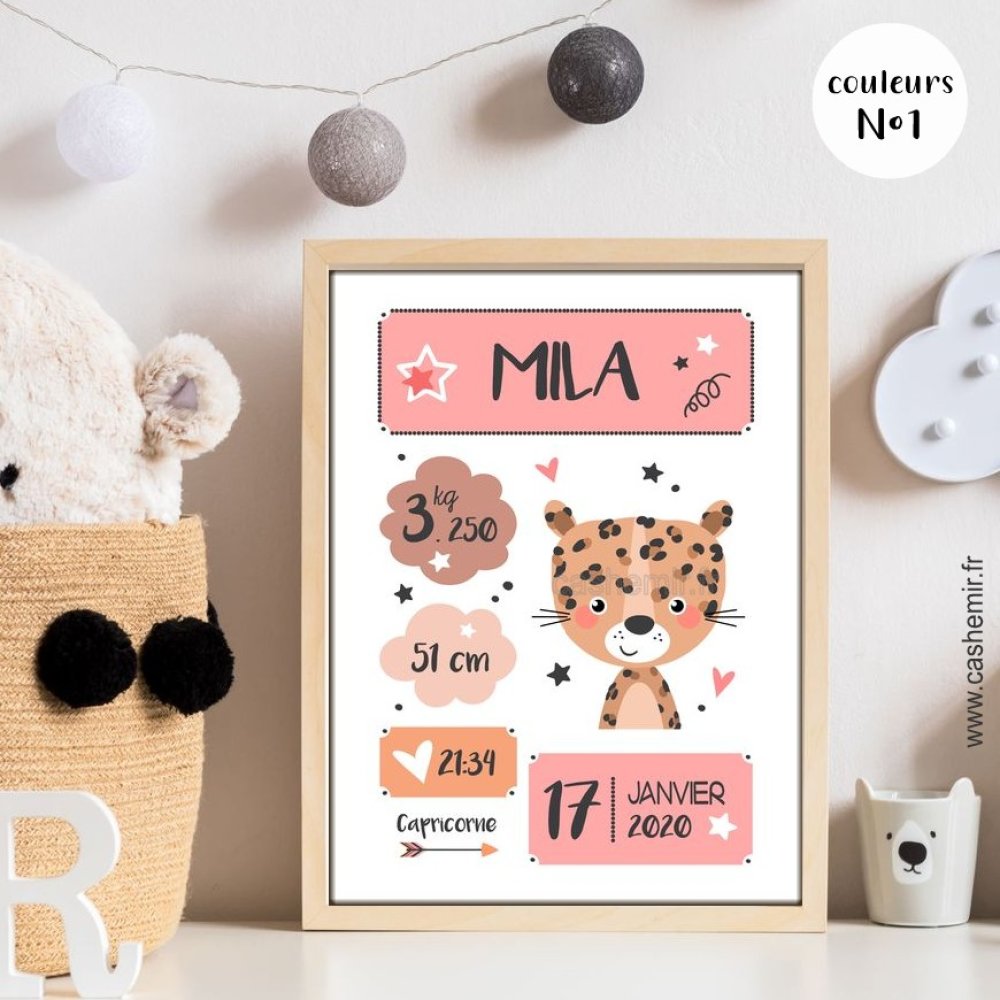 Affiche Prenom Personnalisee Fille Ou Garcon Leopard Cadeau De Naissance Bebe Poster Chambre Enfant Impression Un Grand Marche