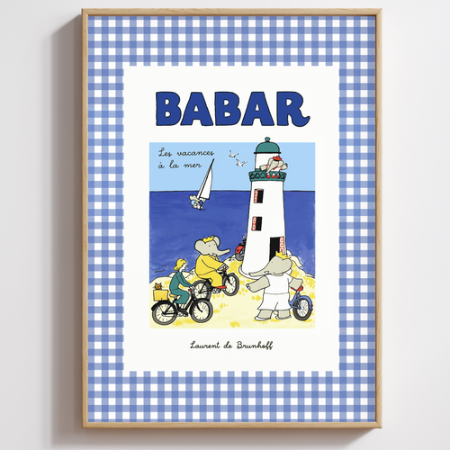 Affiche a3 ou a4 - babar à la mer avec un fond vichy