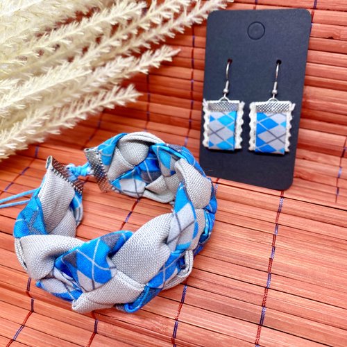 Ensemble bracelet et boucles d'oreilles en textiles recyclés - bijou écoresponsable - mode durable