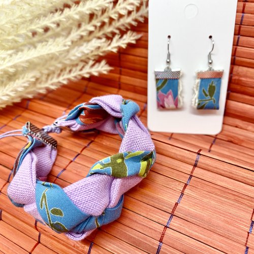 Ensemble bracelet et boucles d'oreilles en textiles recyclés - bijou écoresponsable - mode durable