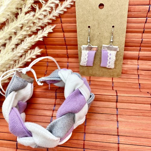 Ensemble bracelet et boucles d'oreilles en textiles recyclés - bijou écoresponsable - mode durable