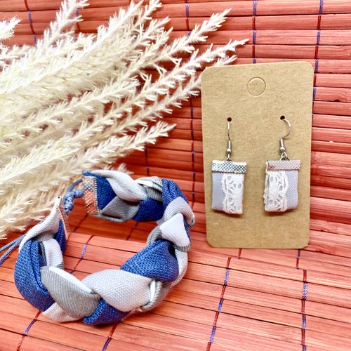 Ensemble bracelet et boucles d'oreilles en textiles recyclés - bijou écoresponsable - mode durable