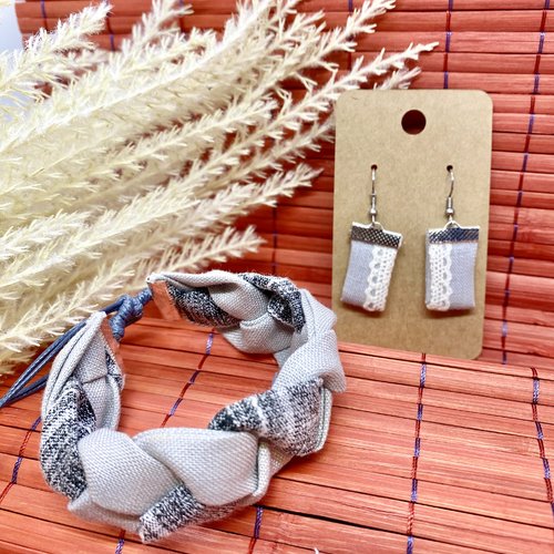 Ensemble bracelet et boucles d'oreilles en textiles recyclés - bijou écoresponsable - mode durable