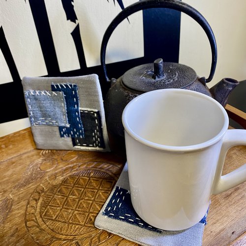 Sous-mugs boro en jean – lot de 2 | broderie d'inspiration sachiko