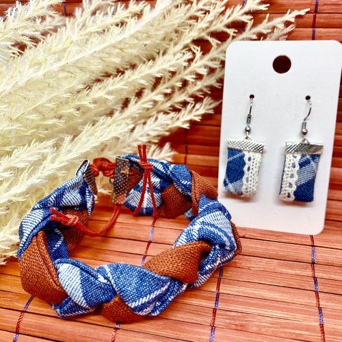 Ensemble bracelet et boucles d'oreilles en textiles recyclés - bijou écoresponsable - mode durable
