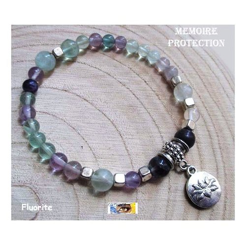 Bracelet fluorite, "mémoire-energie-confiance en soi-protection", bracelet lithothérapie, pierre naturelle, perles, fleur de lotus