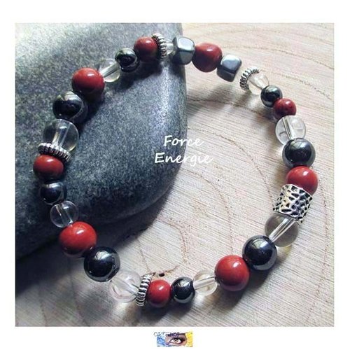 Bracelet jaspe rouge, cristal de roche, hématite, "force-energie", bracelet lithothérapie, pierre naturelle, perles jaspe, cristal