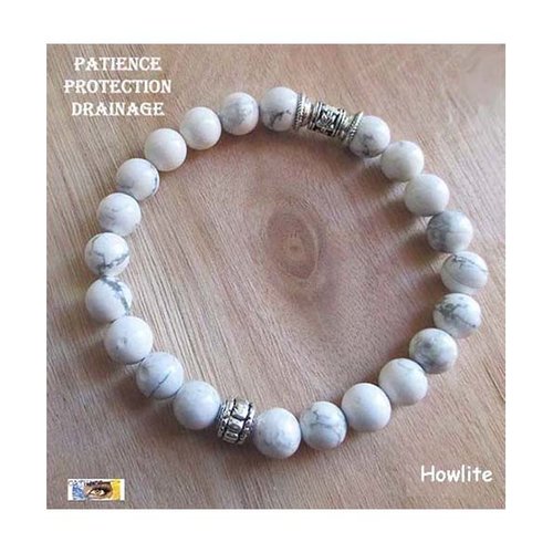 Bracelet howlite, "patience-protection-drainage", bracelet lithothérapie, pierre naturelle, perles, howlite blanche