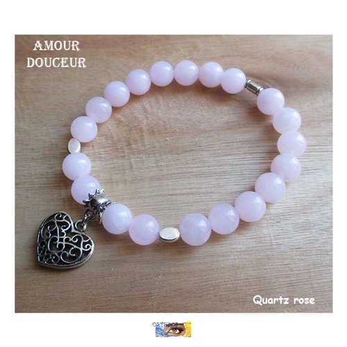 Bracelet quartz rose, "amour-douceur", cœur, bracelet lithothérapie, pierre naturelle, perles, acier