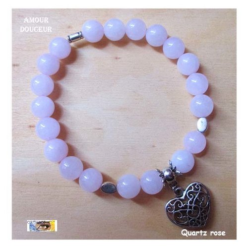Bracelet quartz rose, "amour-douceur", cœur, bracelet lithothérapie, pierre naturelle, perles, acier