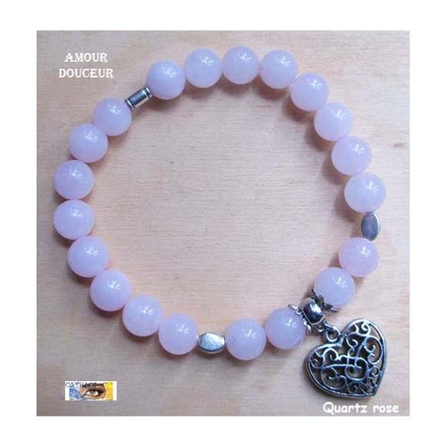 Bracelet quartz rose, "amour-douceur", cœur, bracelet lithothérapie, pierre naturelle, perles, acier