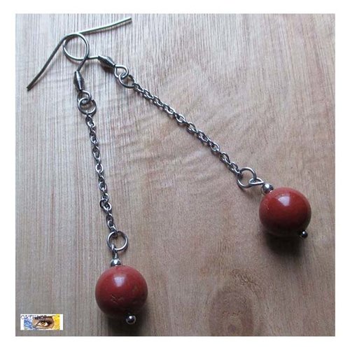 B.o. jaspe rouge, boucle oreille pierre, acier, boucles d'oreille sur chaînette acier inoxydable, perle jaspe rouge