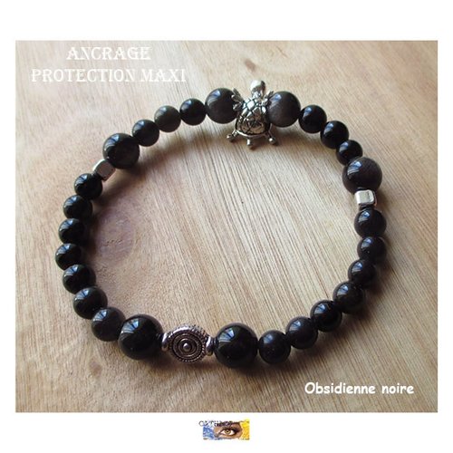 Bracelet tortue obsidienne noire, "ancrage-protection maxi", bracelet lithothérapie, pierre naturelle, perles