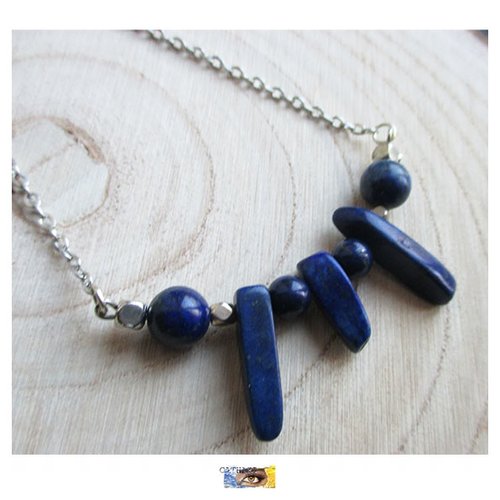 Chaîne plastron lapis lazuli,  "apaisement-sagesse-espoir", chaine lithothérapie, pierre naturelle, perles et pointes lapis lazuli