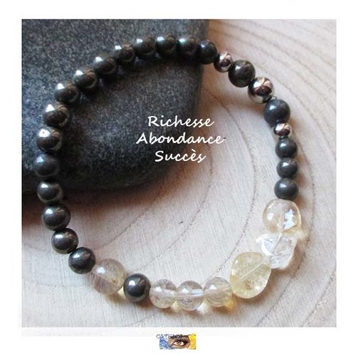 Bracelet citrine, pyrite, "richesse, abondance, succès, prospérité", bracelet lithothérapie, pierre naturelle, perles, citrine, pyrite