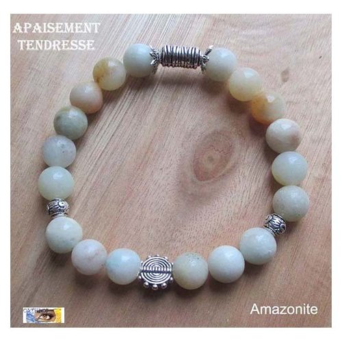 Bracelet "apaisement-tendresse" amazonite mate - métal argent, bracelet lithothérapie, pierre naturelle, perles mates, amazonite