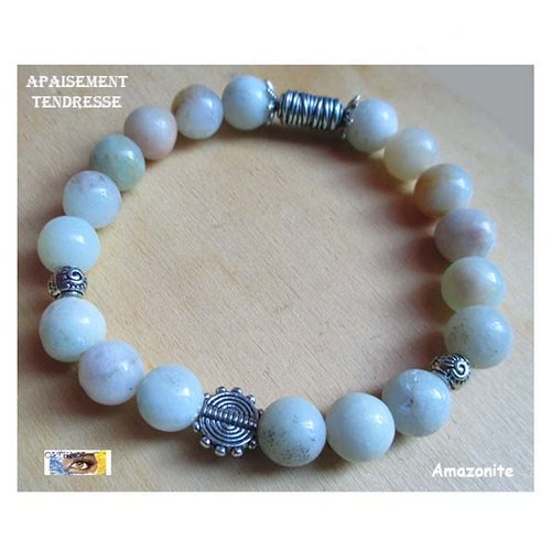 Bracelet "apaisement-tendresse" amazonite mate - métal argent, bracelet lithothérapie, pierre naturelle, perles mates, amazonite